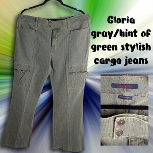 Gloria Sz 16 Gray/Hint of Green Stylish Cargo Jeans, Wide Leg, Made in Bahrain